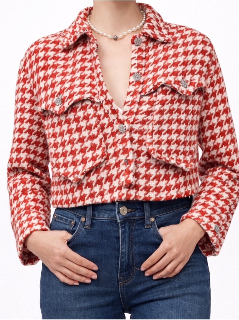 NWT Entro Red & White Houndstooth Cropped Jacket | Tweed | Crystal Buttons Small